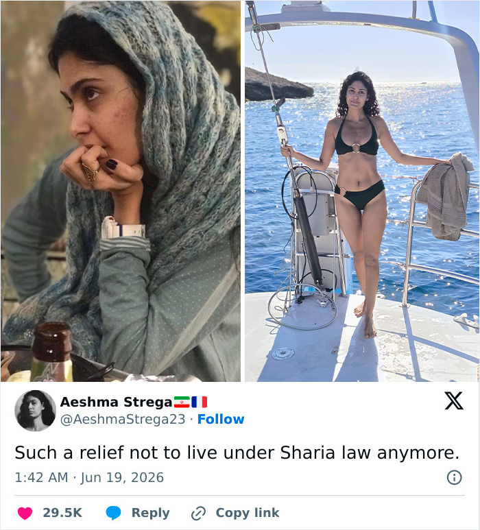 A woman in a patterned hijab on the left, next to her in a black bikini on a boat, symbolizing letting go of the hijab.