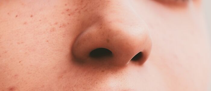 A close-up of a human nose and surrounding skin, highlighting interesting facts about the human body.