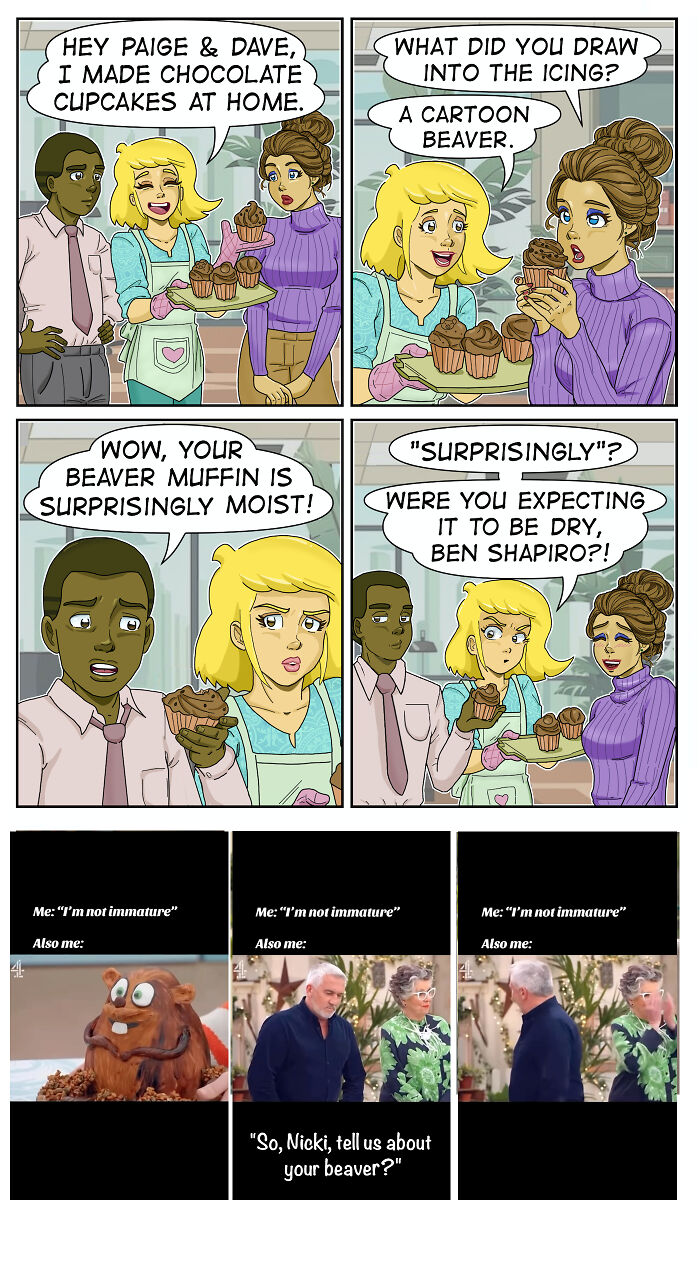 A comic featuring sarcasm, awkward moments, and dirty jokes about chocolate cupcakes and a cartoon beaver.