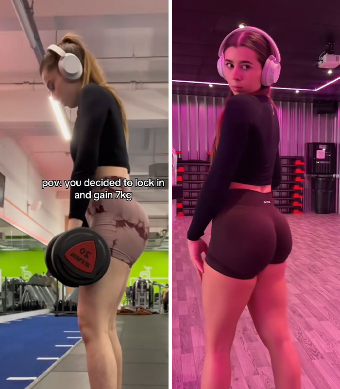 A woman shows her weight gain transformation, before lifting weights and after posing to highlight her progress.