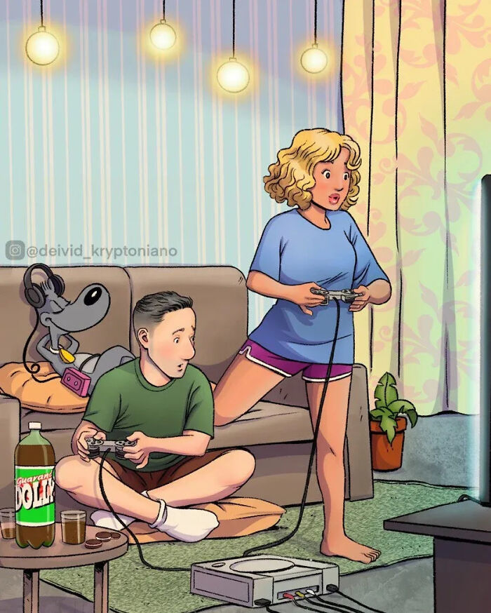 Reimagined Doug Funnie and Patti Mayonnaise as adults playing video games on a couch, with Porkchop watching.