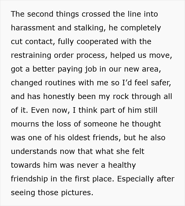 Text on husband cutting contact due to harassment and stalking from a woman's scary fixation, getting a restraining order.