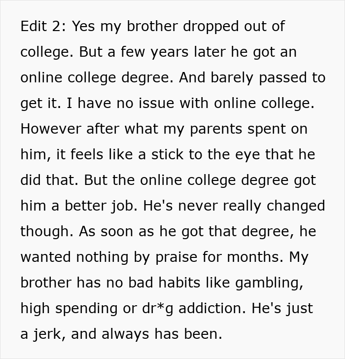 A Reddit post discussing an entitled man who dropped out of college, now having an online degree, highlighting brother's wedding