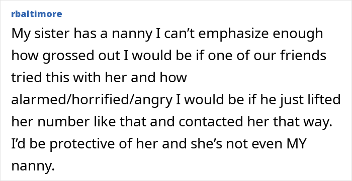A social media post where a person expresses disgust about a friend pursuing their nanny, highlighting the friend's creepy behavior and the dark truth.