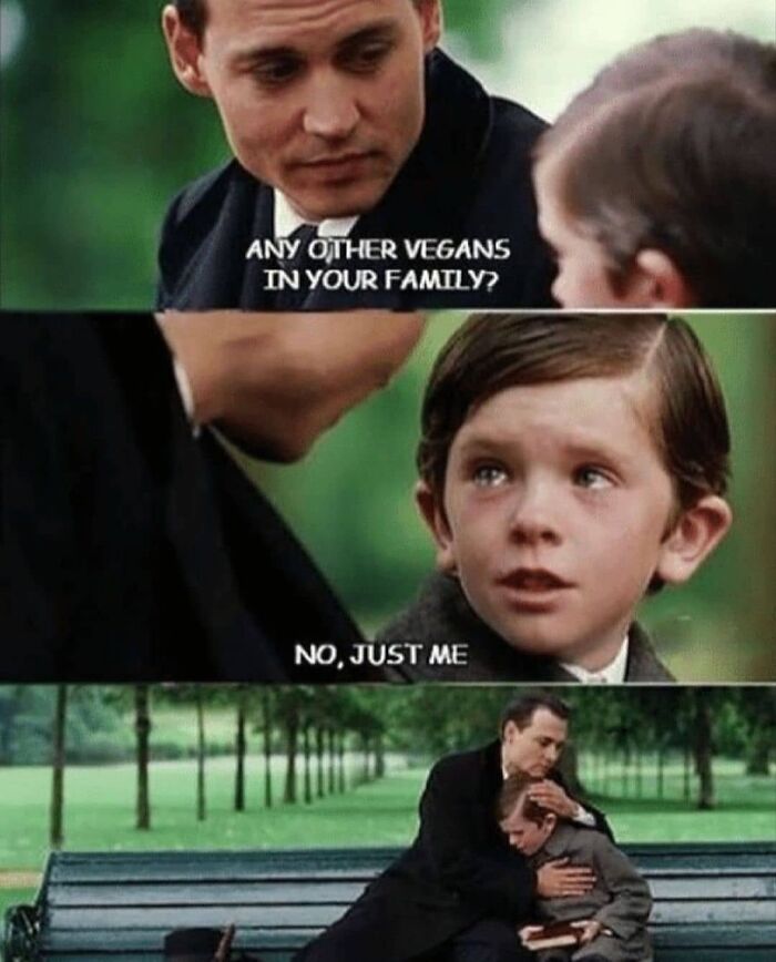 A meme with Johnny Depp and a boy, illustrating a humorous vegan family situation.