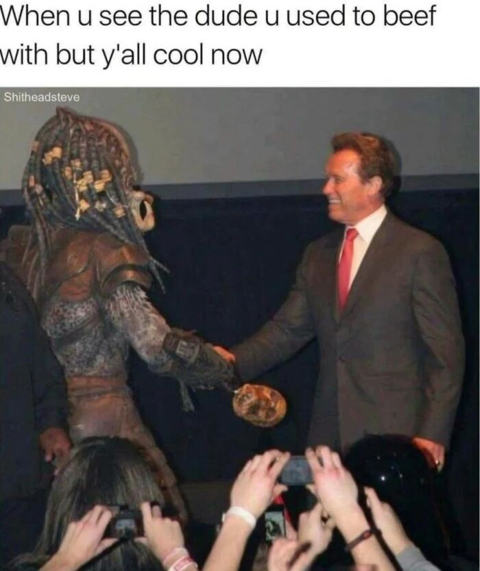 A meme shows Arnold Schwarzenegger shaking hands with someone dressed as the Predator, reflecting on the superior decades of the 80s and 90s.