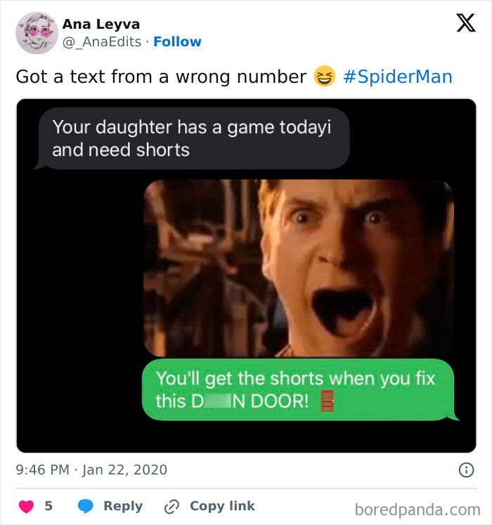 A funny wrong number text exchange using a Spider-Man meme, about a daughter's game and fixing a door.