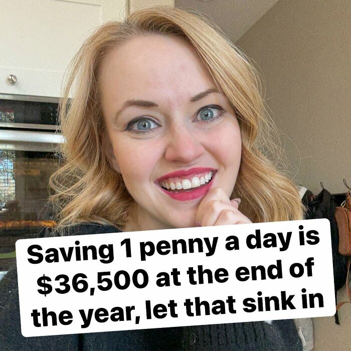 A woman smiling with text that says Saving 1 penny a day is $36,500 at the end of the year, an example of cultural decline.