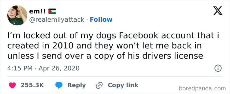 A screenshot of a tweet from @realemilyattack describing a mildly amusing problem of being locked out of a dog's Facebook account.