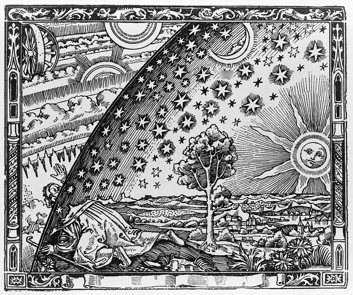 Historical myths illustration showing a man peering beyond the edge of a flat earth into a celestial mechanism.