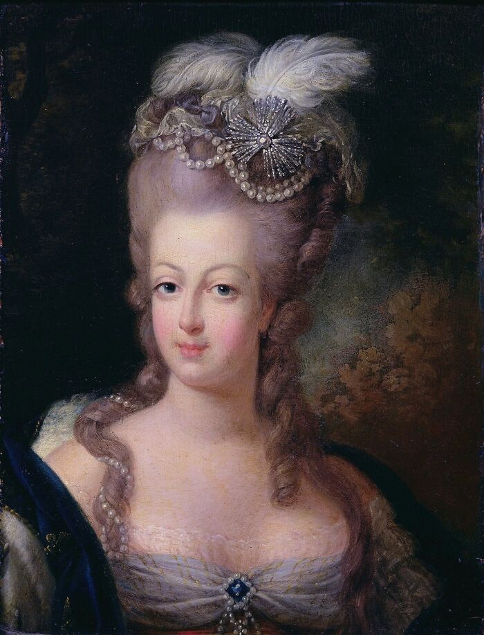 A painted portrait of Marie Antoinette with an elaborate hairstyle, showing historical myths.