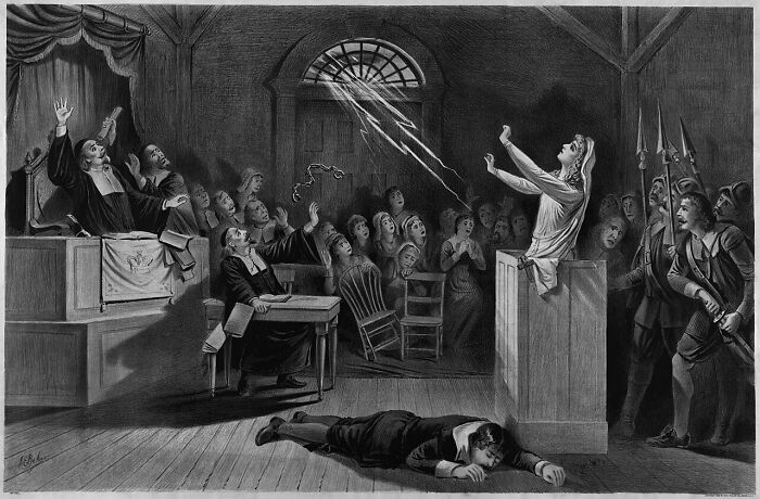 An old illustration depicting a dramatic court scene with a woman on a stand and people reacting, symbolizing historical myths.