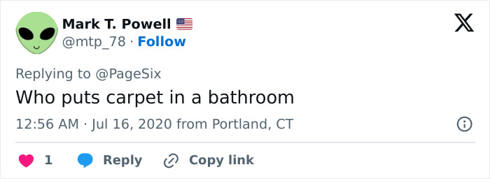 A social media post questioning carpet in a bathroom, hinting at questionable renovations that devalue homes. A social media post questioning carpet in a bathroom, hinting at questionable renovations that devalue homes.