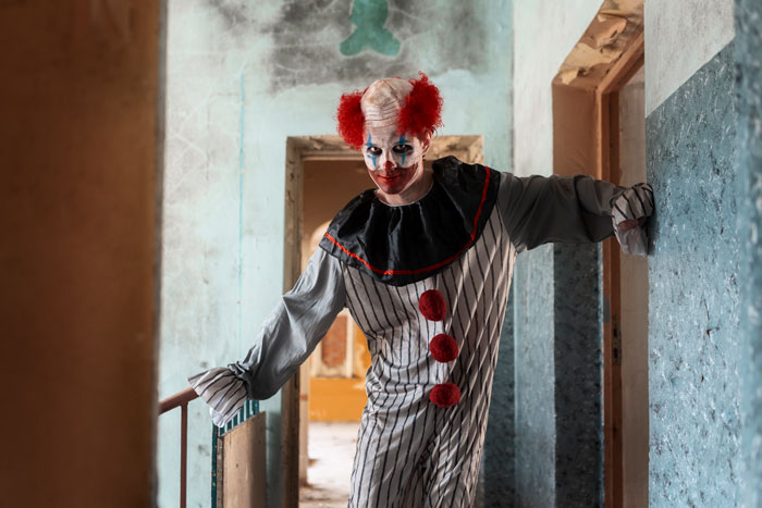 A scary clown in an abandoned building, generating fear and panic, ready to start chasing a woman.