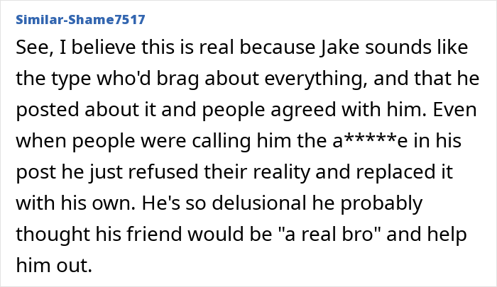 A social media post with a user commenting on Jake's delusional bragging about pursuing a friend's nanny, revealing the dark truth.