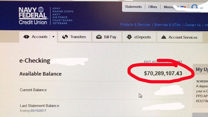 A computer screen displaying a rare available bank balance of over $70 million.