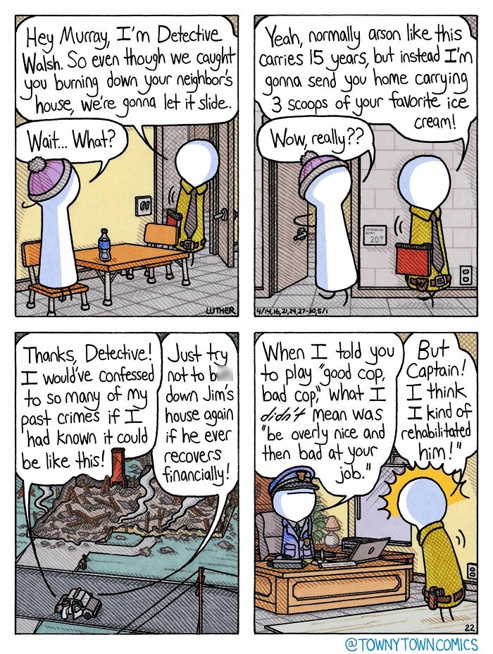 A comic from Towny Town Comics where a detective lets a man off for arson with ice cream, much to the captain's dismay.