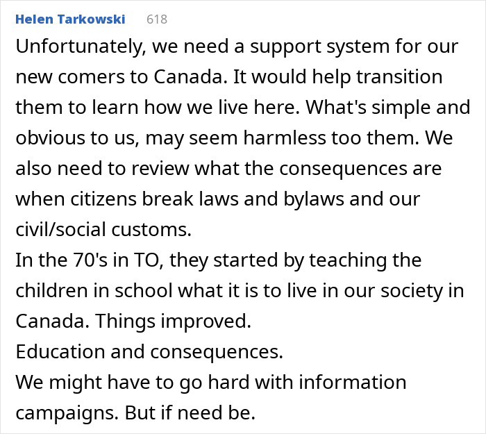 Helen Tarkowski's comment on the need for a support system for newcomers and addressing entitled neighbor behavior.