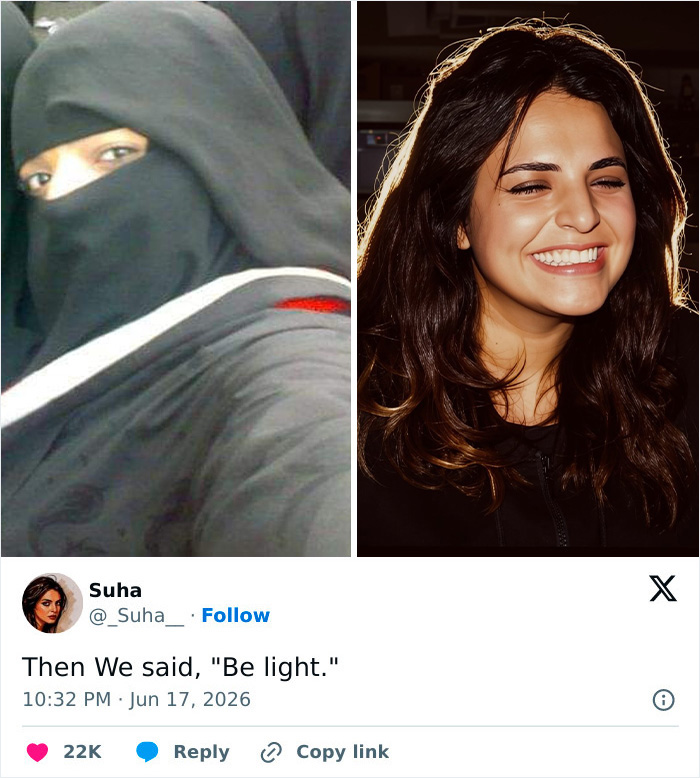 A woman in a niqab with only her eyes visible on the left, next to her laughing with long brown hair, depicting letting go of the hijab.