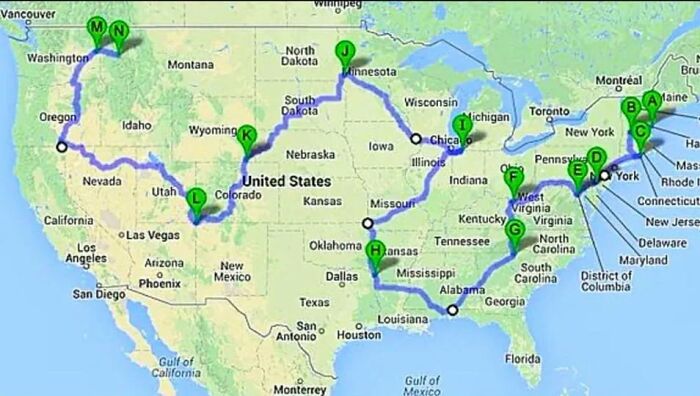 A detailed geography map of a brilliant cross-country US road trip, highlighting various states and cities along the route.