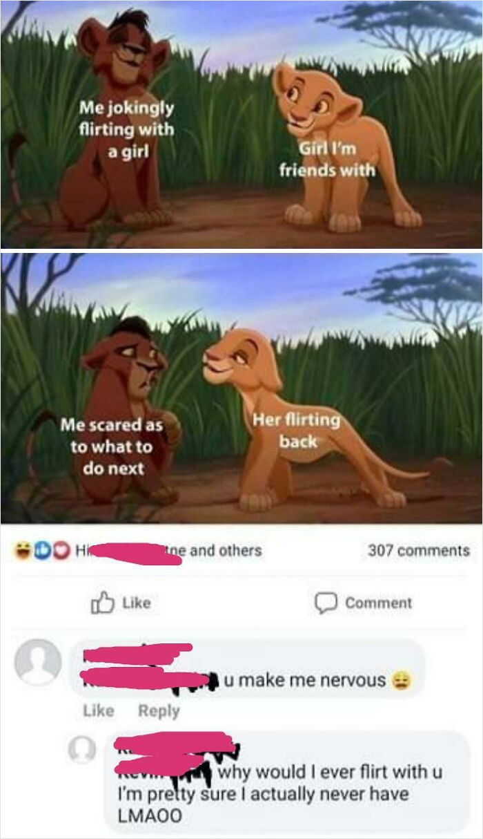 Absurd screenshot meme of The Lion King characters, humorously depicting an awkward flirting scenario.