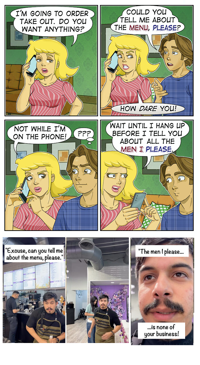 A comic strip showcasing sarcasm and awkward moments where a woman misunderstands a man asking about a menu.