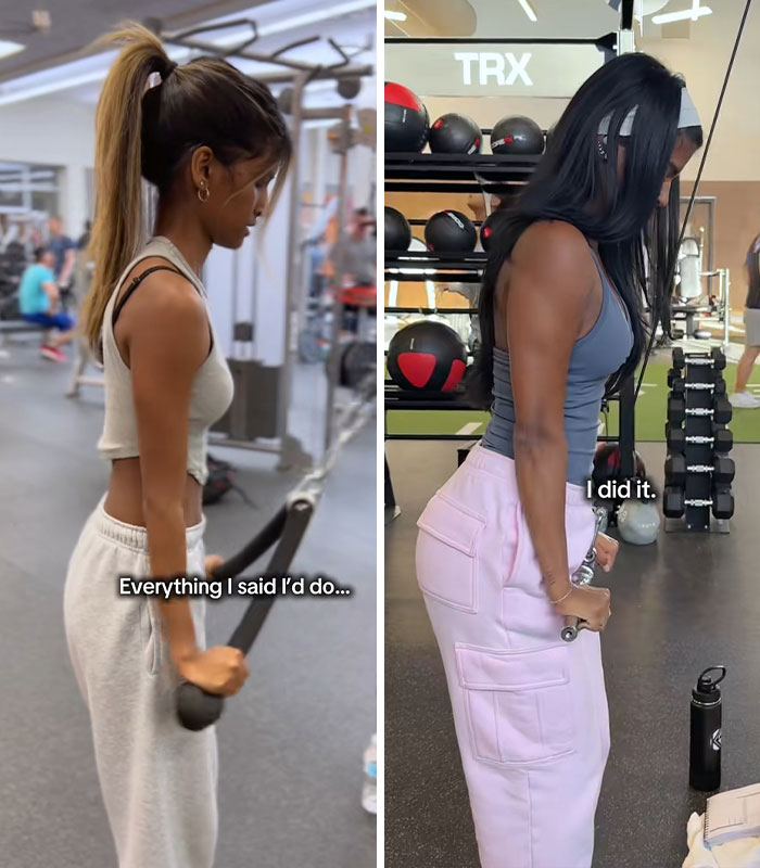 A woman's weight gain transformation, with before and after images of her working out at the gym.
