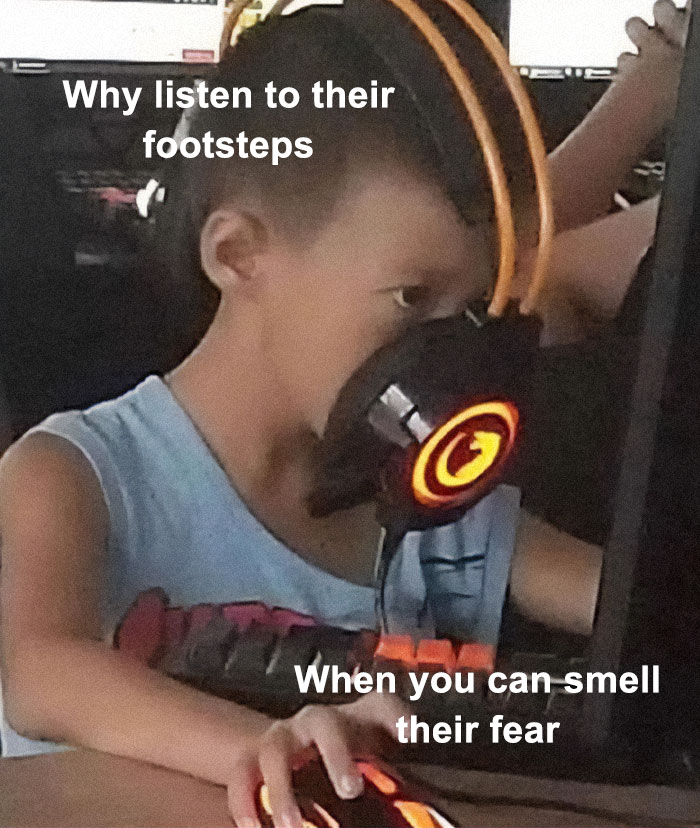 A cringe meme of a child gamer wearing headphones incorrectly, displaying unhinged humor.