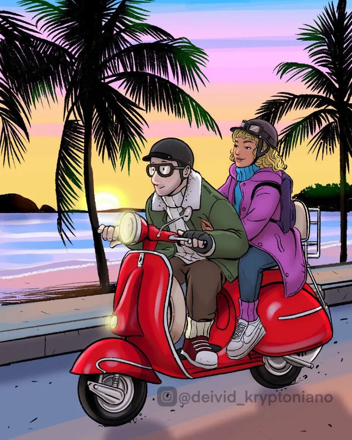 Artist reimagined Doug Funnie and Patti Mayonnaise as adults, riding a red scooter by the ocean at sunset.
