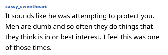 Screenshot of a comment suggesting the son's backup plan was an attempt to protect the woman, after his future father-in-law's reveal.