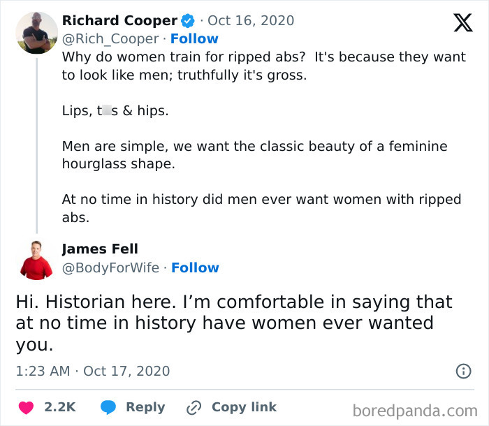 A screenshot of a Twitter conversation where a user makes a sexist remark, and another user responds with a witty comeback, displaying stupidity.