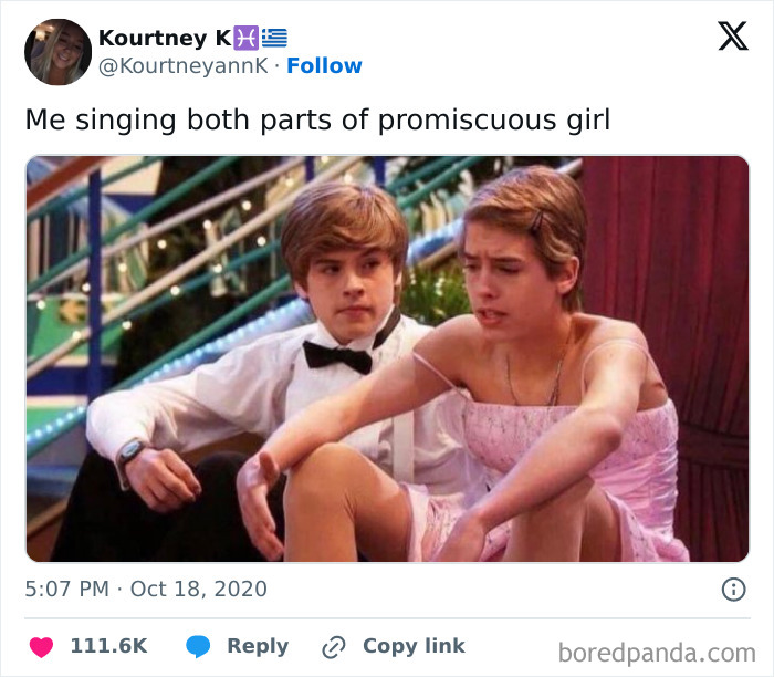 A funny pop culture post showing two boys, one in a tuxedo and one in a pink dress, from a TV show.