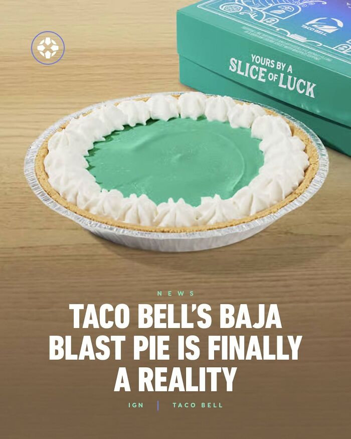 A Taco Bell Baja Blast Pie with green filling and whipped cream, next to a teal box. Example of cultural decline.