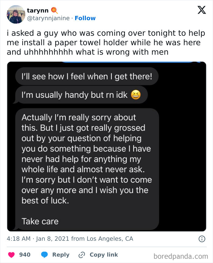 Entitled men ignoring boundaries: A man refuses to help install a paper towel holder, citing a lack of personal help.