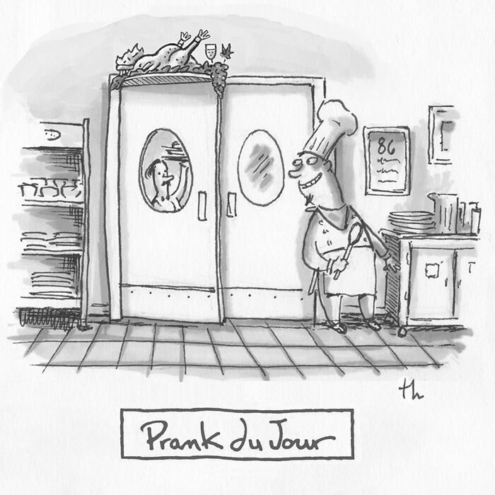 Tim Haggerty's single-panel cartoon depicts a chef and a woman in a kitchen, full of sharp humor.