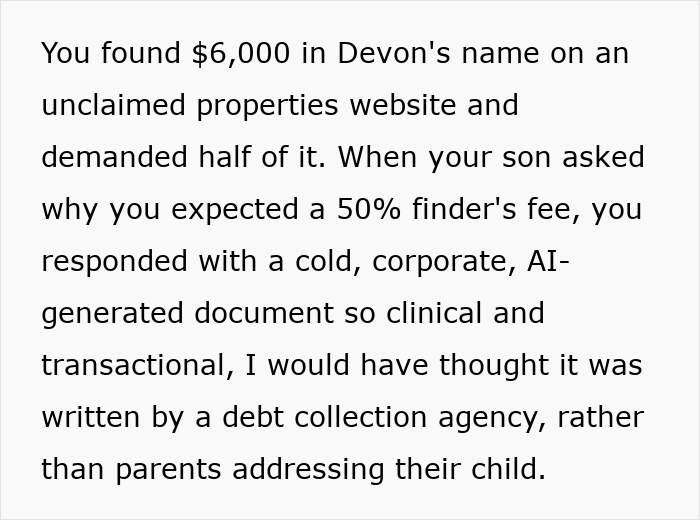 Mom's demand for a finder's fee for her son's long-lost $6K, outlined in a transactional document. Mom's demand for a finder's fee for her son's long-lost $6K, outlined in a transactional document.