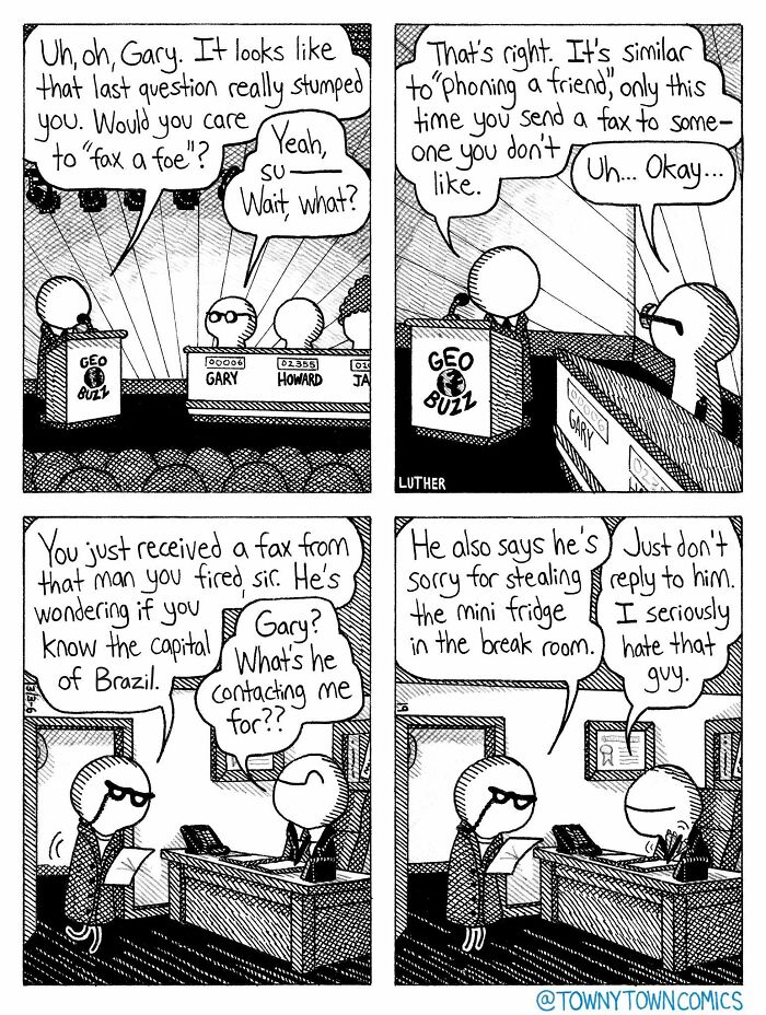 A comic from Towny Town Comics featuring a game show contestant struggling with a question and a man receiving a strange fax.