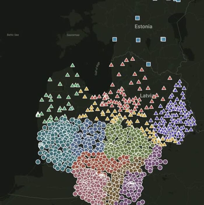 A brilliant map of Latvia and Estonia, using various colored shapes to represent geographic data or population clusters.