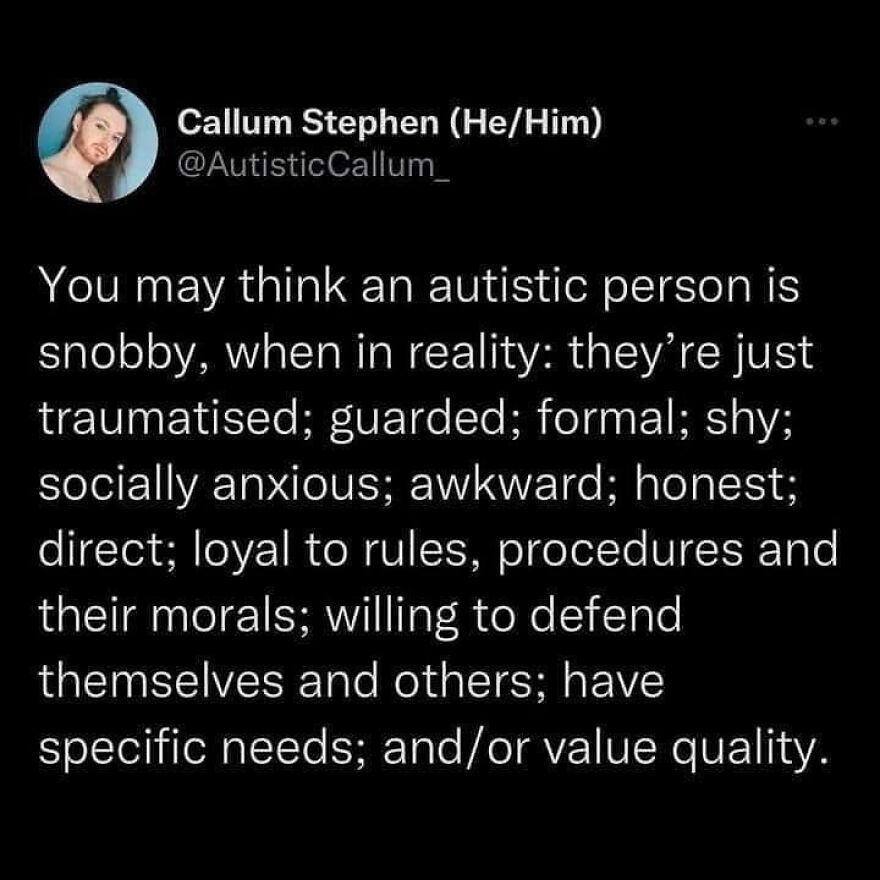 A social media post explaining that autistic people may be misunderstood due to trauma, anxiety, and specific needs.