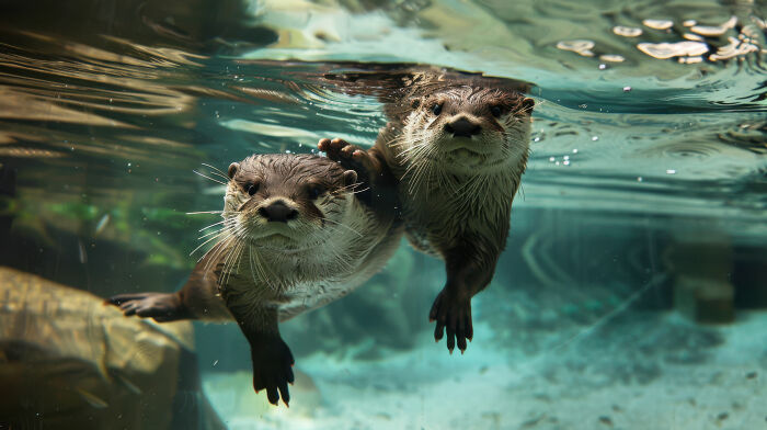 Two otters swimming underwater, looking curious. These are interesting facts about otters.