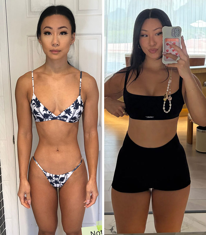 A woman's inspiring weight gain transformation, comparing a slim bikini photo to a curvier one in athletic wear.