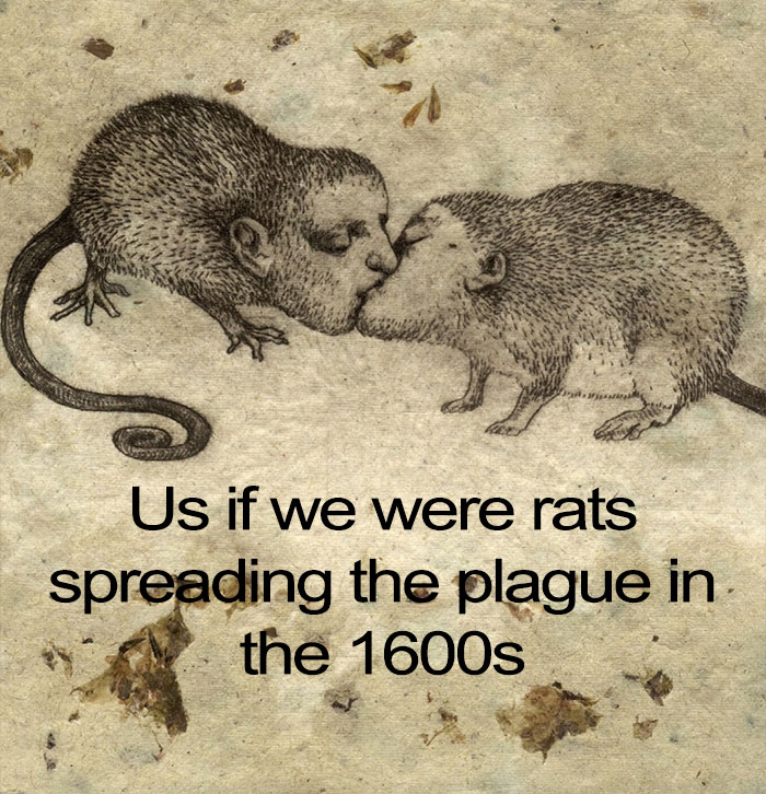 A cringe meme illustration of rat-human hybrids kissing, spreading plague, showcasing unhinged and dark humor.