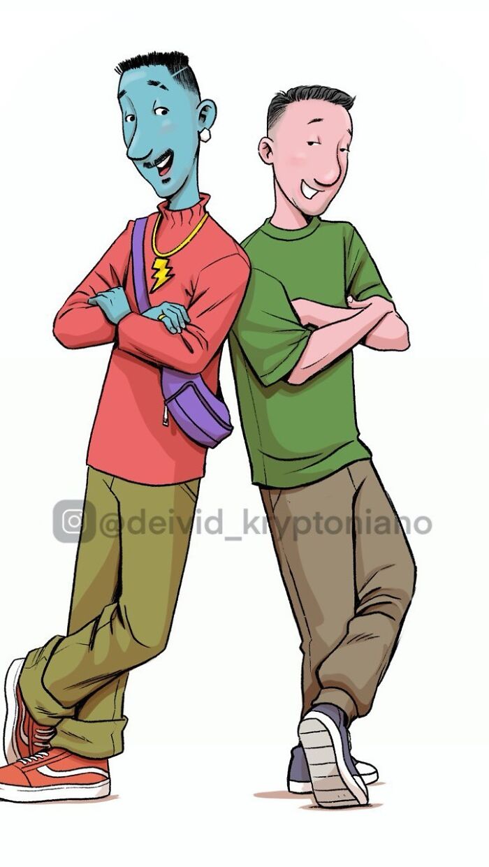 Reimagined Doug Funnie and Skeeter as adults, standing back-to-back with arms crossed, in cartoon style.