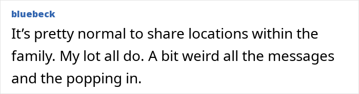 A comment suggesting sharing locations within family is normal, but the mother's tracking and messages are weird.