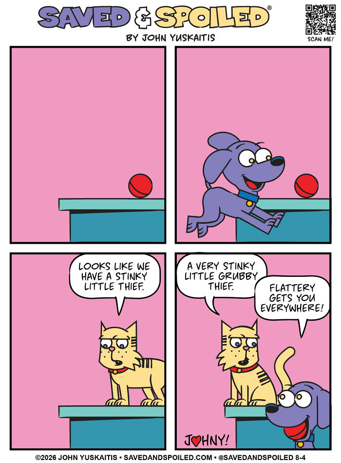 A comic of a dog and a cat figuring out how to coexist. A dog returns a ball to the cat.