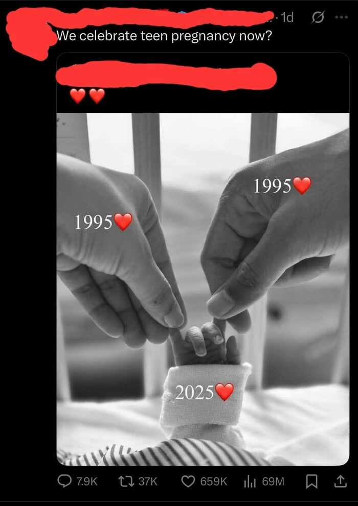 A tweet questioning the celebration of teen pregnancy, with hands touching a baby's foot, showing a cultural decline.