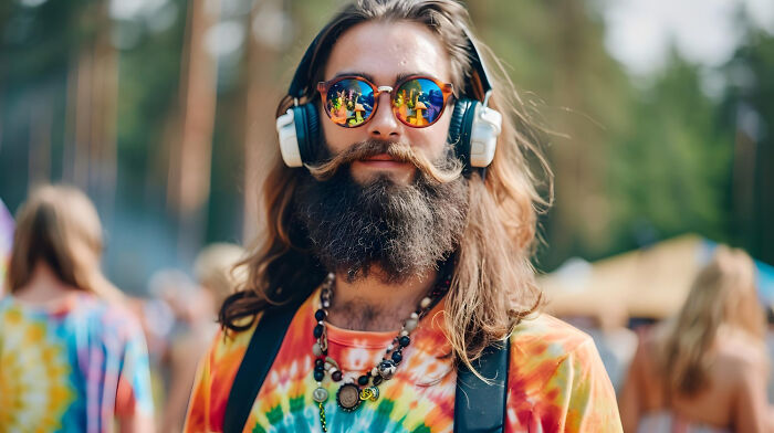 A man with a beard, sunglasses, and headphones wears a tie-dye shirt, representing a break from corporate buzzwords.