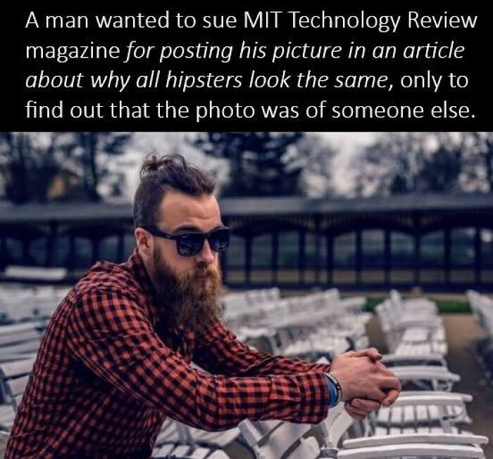 A man with a beard and sunglasses sitting on white chairs, illustrating a ridiculous post about cultural decline.
