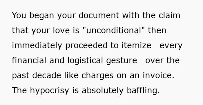 Mom's hypocrisy regarding unconditional love and itemized financial gestures for finder's fee. Mom's hypocrisy regarding unconditional love and itemized financial gestures for finder's fee.