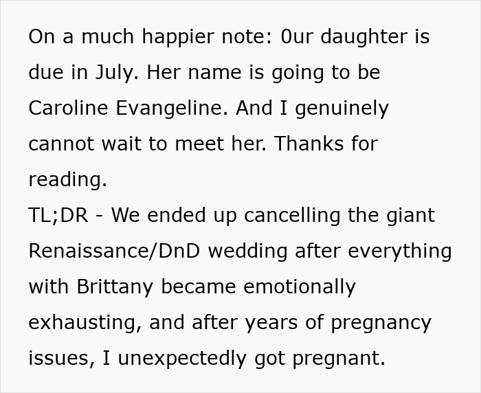 A Reddit post announcing a cancelled wedding and a new pregnancy, a happy turn after a woman's scary fixation.